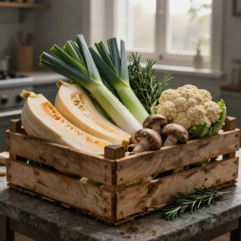 Cassetta di verdure di stagione con zucca, porri, cavolfiore e funghi su tavolo di pietra all’alba.