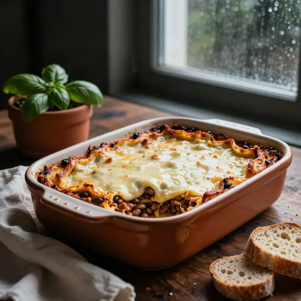 Teglia di lasagne vegane fumanti con basilico, cipolle arrosto e pane rustico.