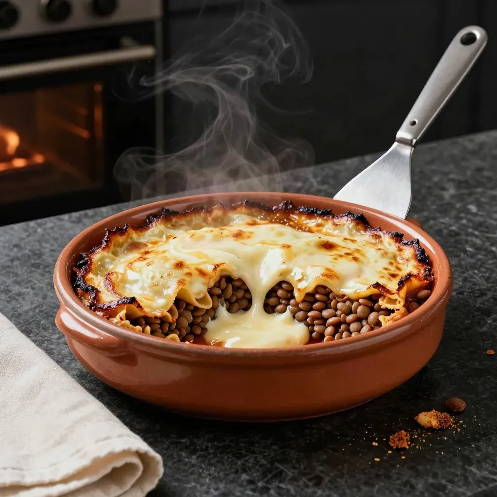 Pasta al forno vegana in teglia terracotta, con ragù di lenticchie e besciamella cremosa.