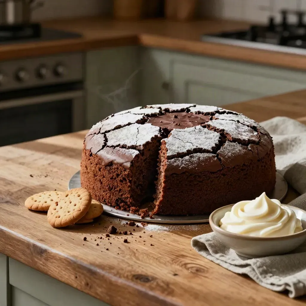 Torta al cacao senza latte con biscotti morbidi e crema vegetale su lino salvia.