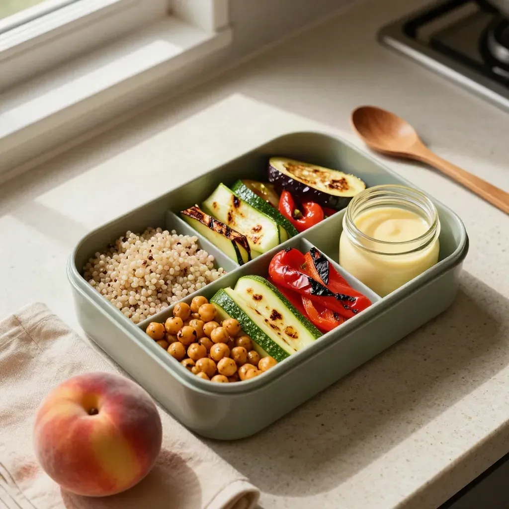 Schiscetta vegana aperta con quinoa, ceci arrosto, verdure grigliate e pesca su travertino.