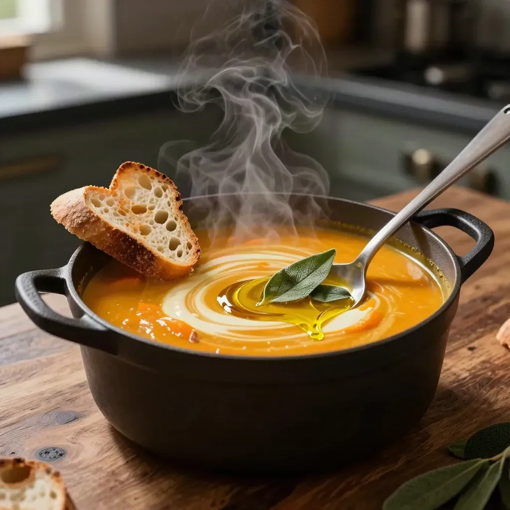 Pentola di zuppa di zucca con crostini e salvia, in movimento
