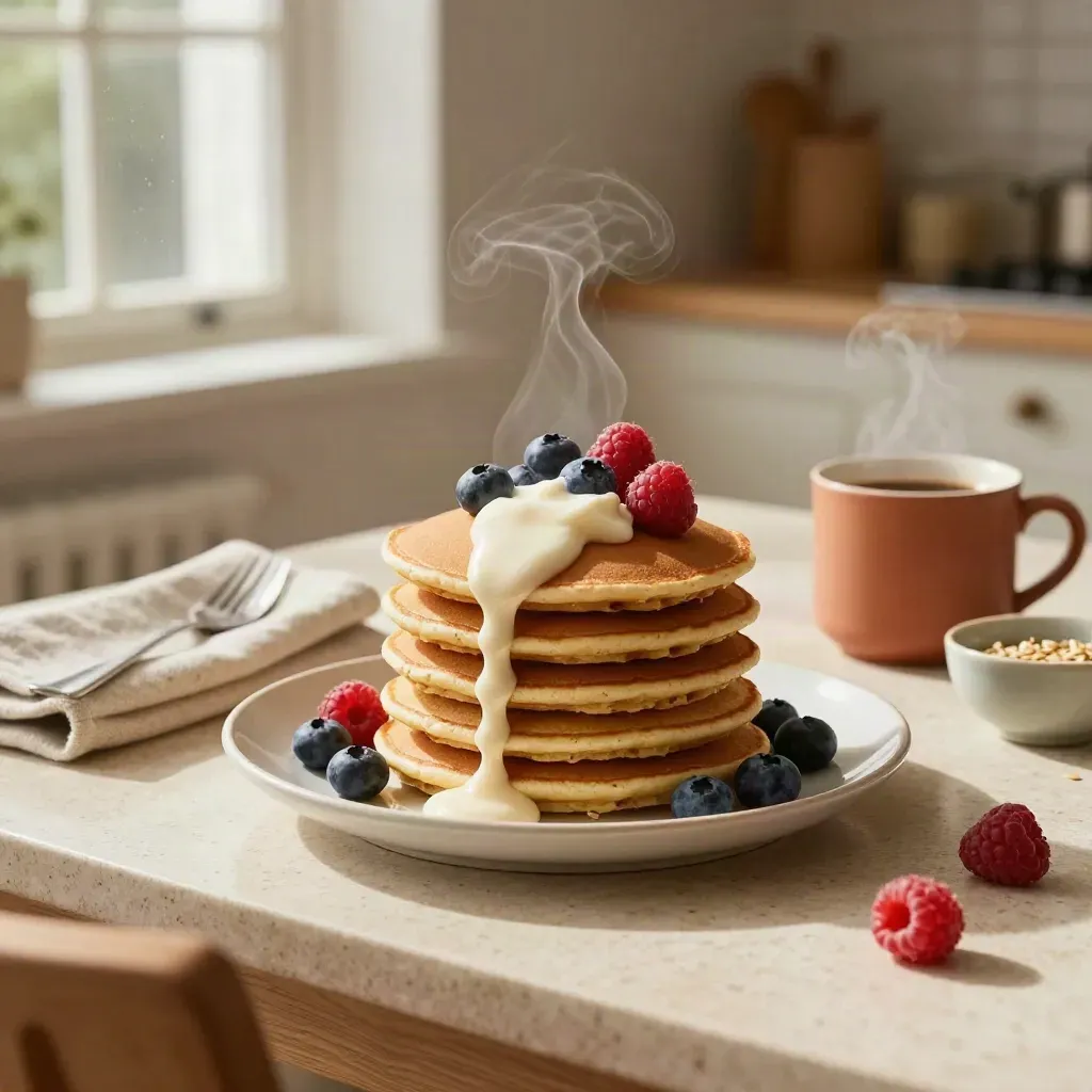 Colazione vegana con pancake, crema vegetale, frutti di bosco e caffè d’orzo vicino alla finestra