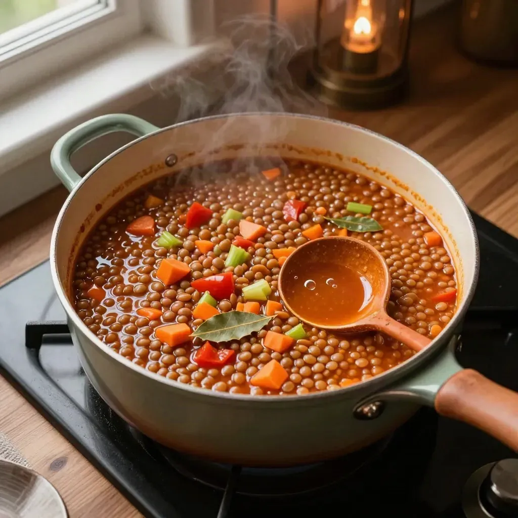 Ragù di lenticchie in pentola, visto dall’alto, con vapore e verdure a cubetti.
