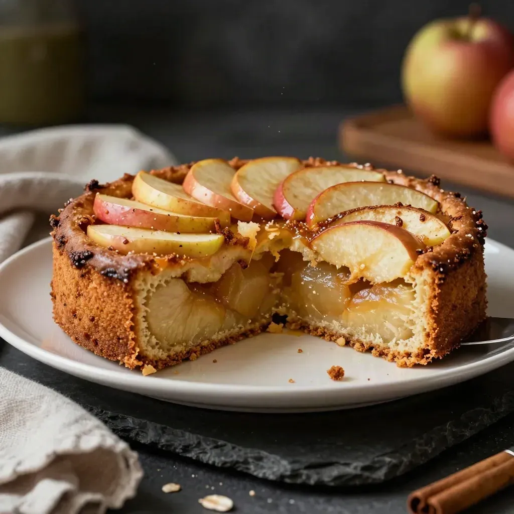 Fetta di torta di mele soffice con briciole che cadono su piatto crema