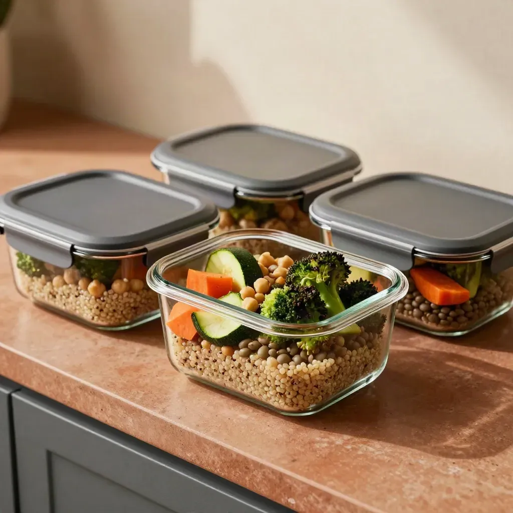 Contenitori di vetro con meal prep vegano allineati su piano in terracotta, luce laterale morbida.