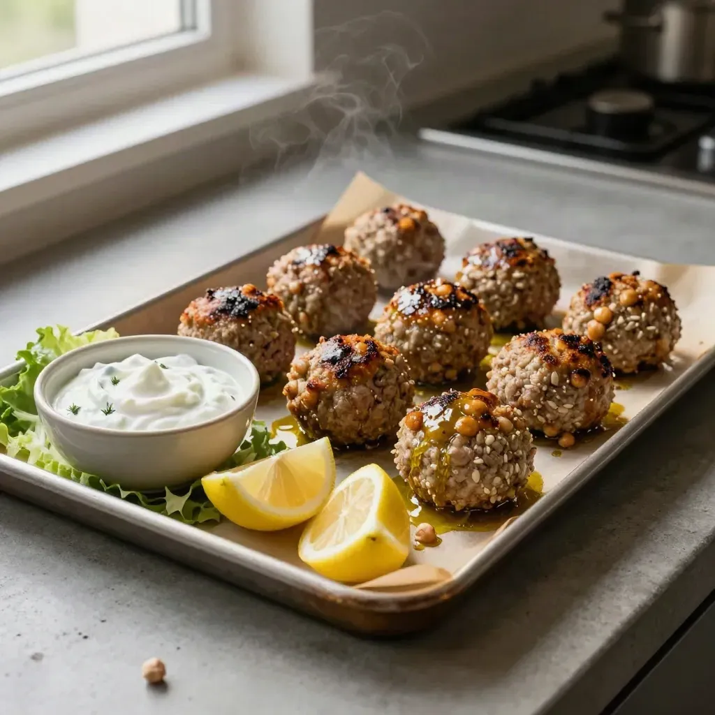 Teglia di polpette di ceci dorate con salsa yogurt veg, insalata croccante e limone.