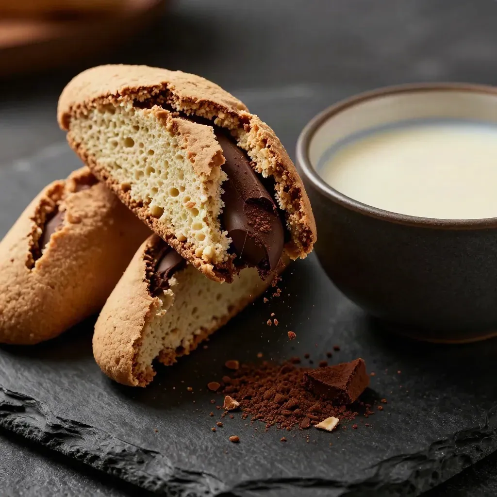 Biscotti al cacao spezzato con briciole e tazza di latte vegetale su fondo scuro