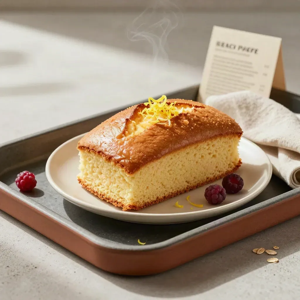 Tortina soffice vegana con scorza di limone, frutti rossi e canovaccio chiaro su piatto ceramico.